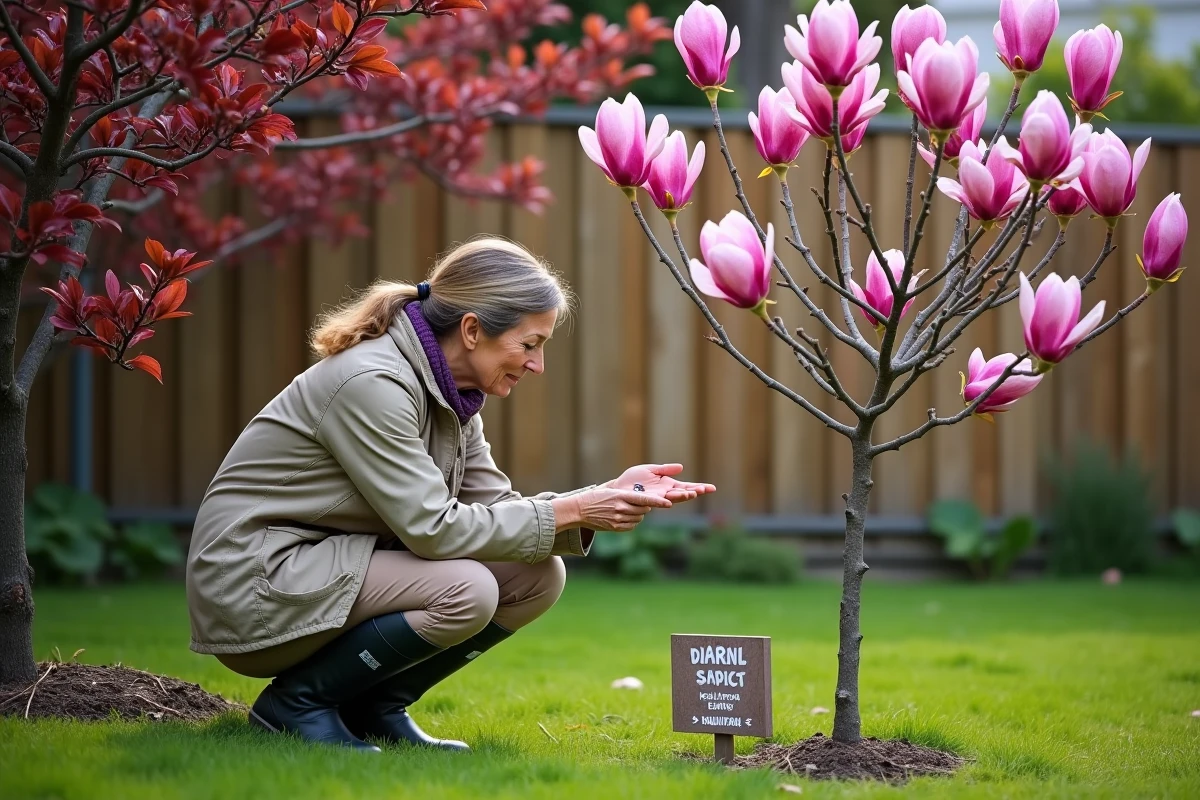 Comparaison en jardin entre un prunier à feuilles roses et un magnolia à fleurs roses, avec jardinière inspectant les floraisons