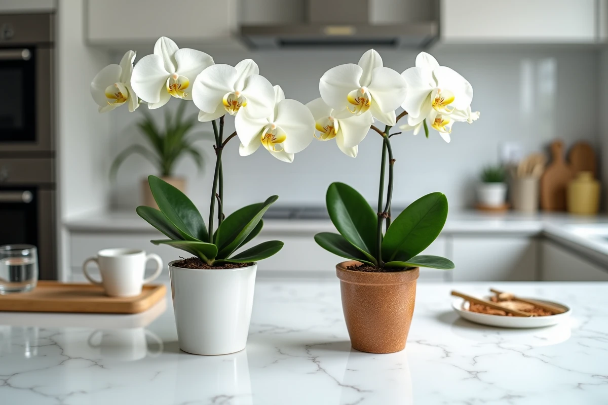 Comparaison entre une orchidée saine et une orchidée taillée avec de la cannelle sur un comptoir en marbre