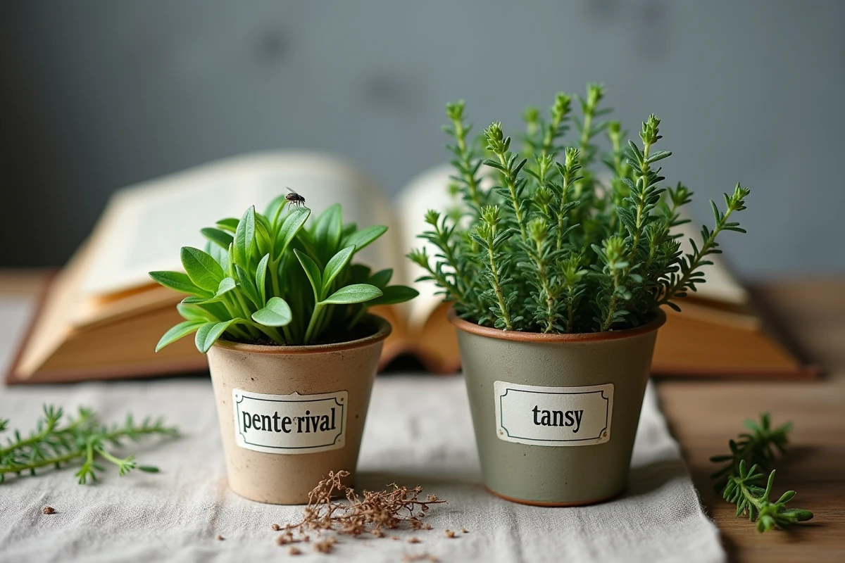 Comparaison de plantes anti-mouches pour intérieur et extérieur côte à côte sur une table avec étiquettes, pennyroyal et tanaisie en pots