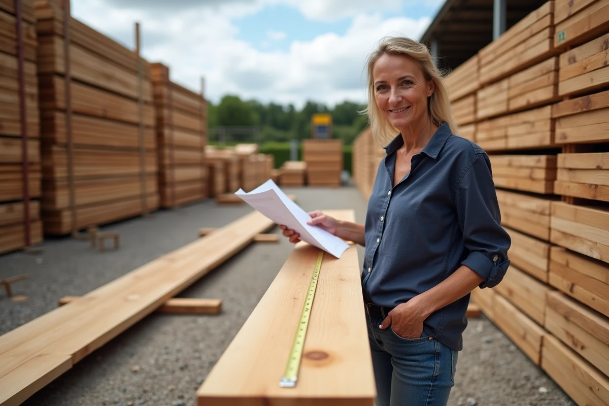 Femme comparant des planches de chêne avec un mètre et une liste de prix dans un entrepôt de vente directe de bois