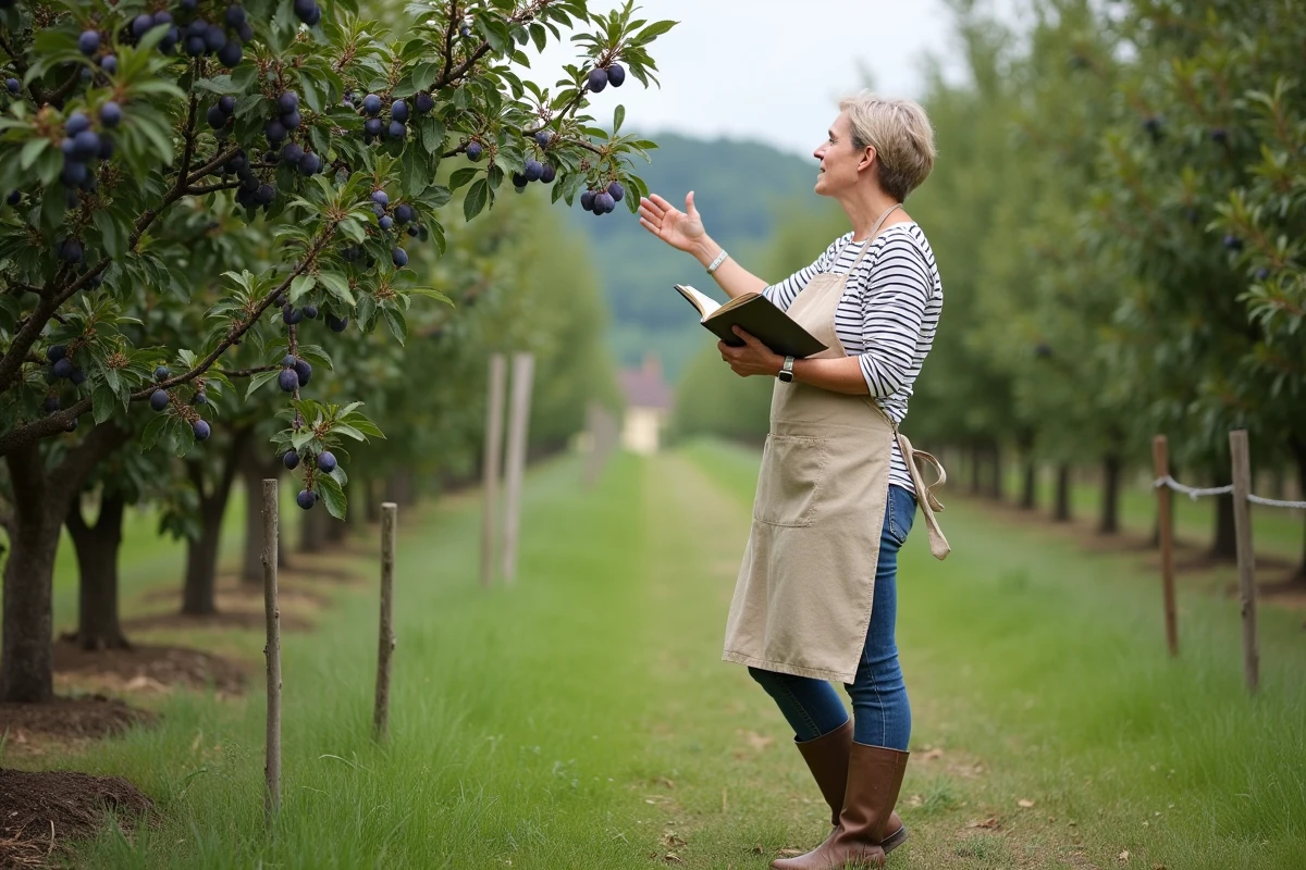 Femme comparant un prunier non taillé aux branches affaissées sous le poids des fruits à un prunier taillé correctement dans un verger estival