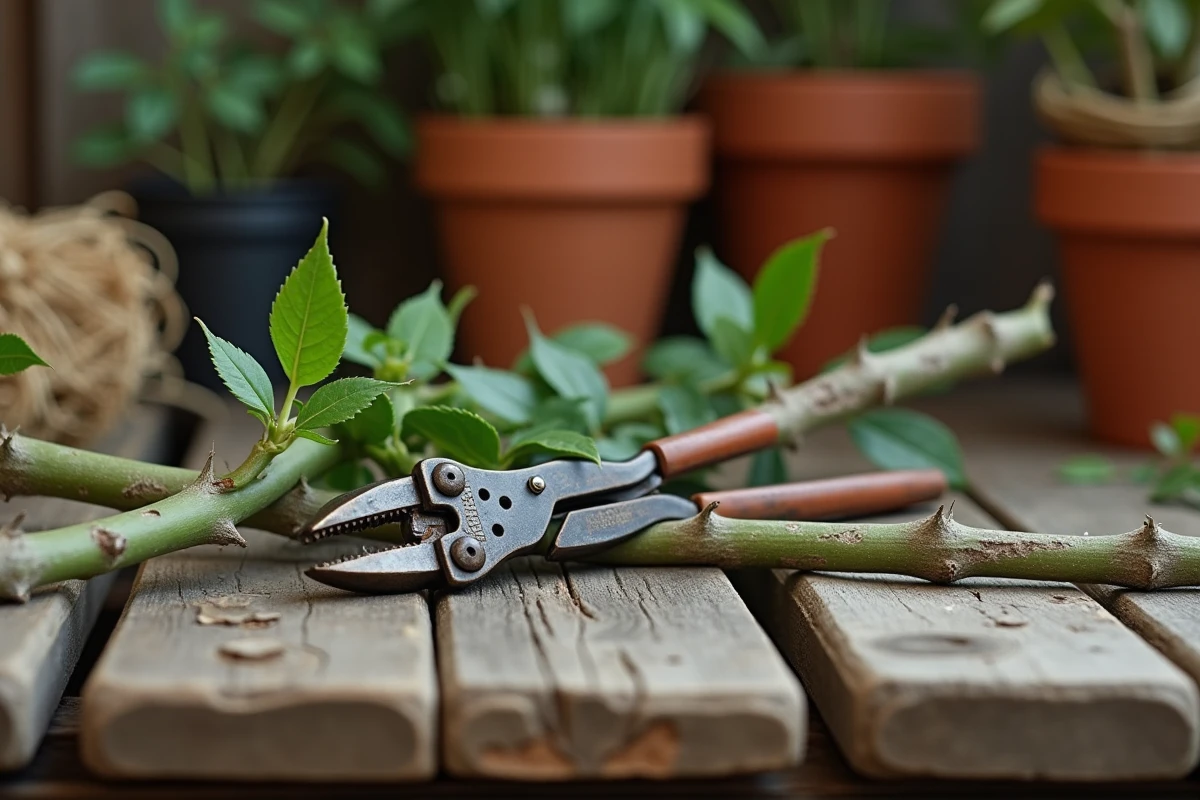 Comparaison de rameaux de rosier ancien et moderne avec un sécateur vintage sur un établi de jardinier