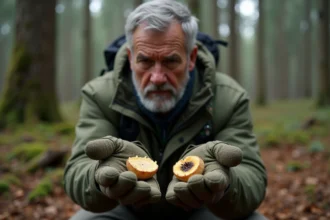 Cueilleur comparant un bolet à chair jaune et un champignon similaire dans une forêt, erreur d'identification fréquente