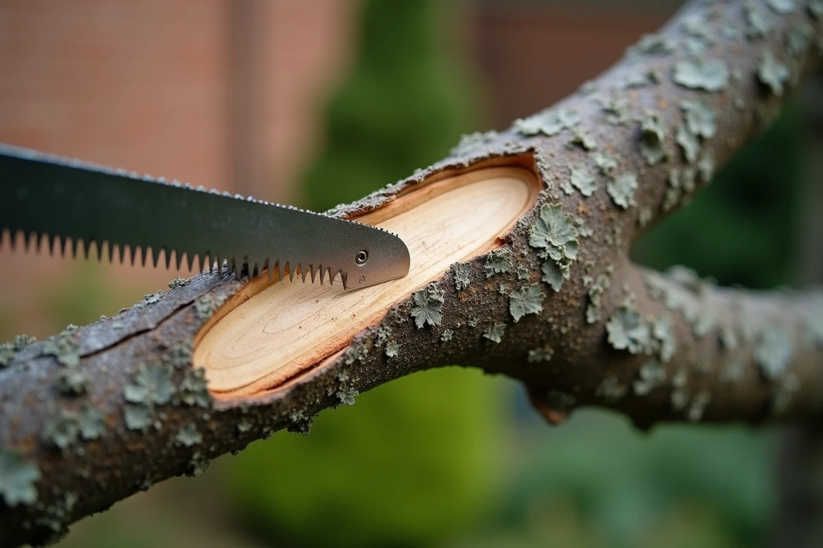 Gros plan sur la coupe d'une vieille branche de prunus avec une scie d'élagage révélant le bois intérieur