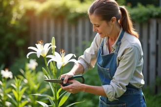 Femme coupant la tige d'un lys fanée avec un sécateur dans un jardin fleuri