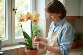 Femme qui coupe une tige d'orchidée malade avec des ciseaux propres près d'un rebord de fenêtre ensoleillé