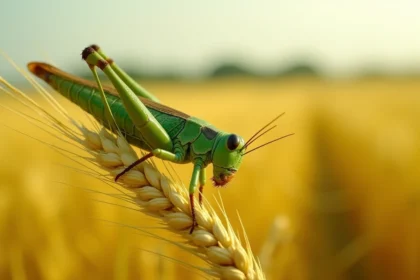 Criquet vert dévorant un épi de blé dans un champ agricole, gros plan macro sur l'insecte ravageur des cultures céréalières