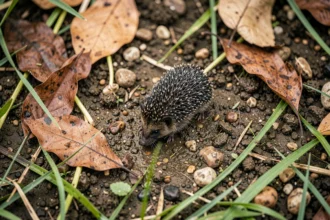 Crotte de hérisson sur sol de jardin entourée de feuilles mortes et de terre humide