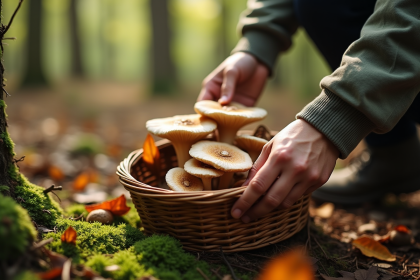 Personne cueillant des girolles dans une forêt ensoleillée