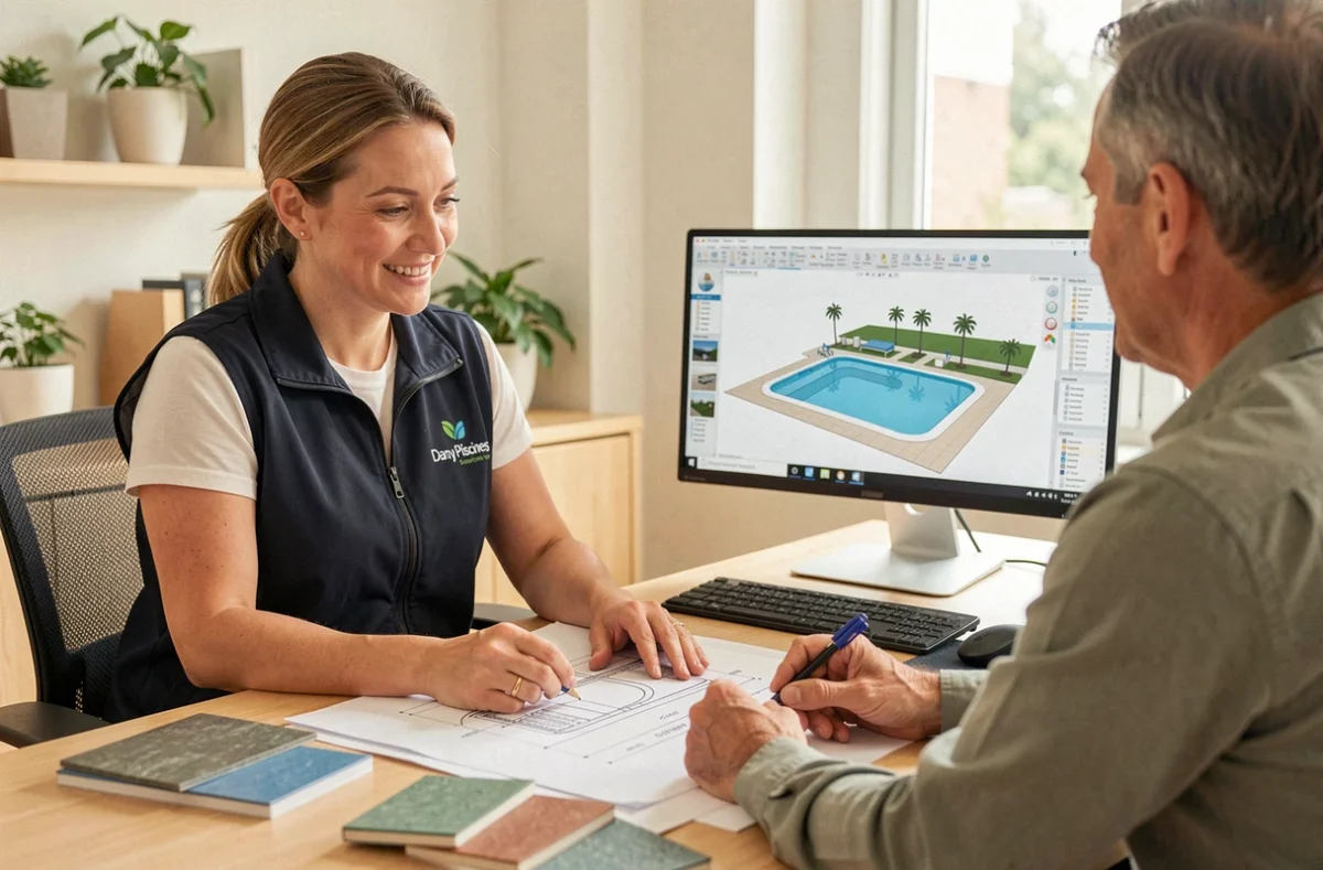 Conseillère Dany Piscines présentant des plans de rénovation de piscine à un couple de clients dans un bureau