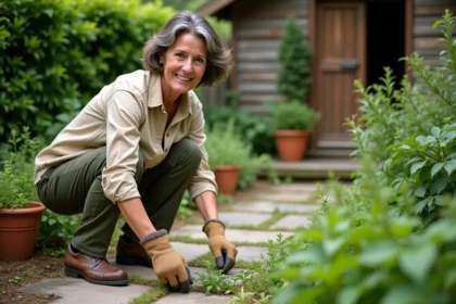 Femme qui désherbe manuellement son jardin avec des gants de jardinage, alternative naturelle aux débroussaillants chimiques interdits