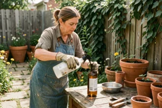 Femme versant du vinaigre blanc dans un spray pour désherber naturellement dans son jardin