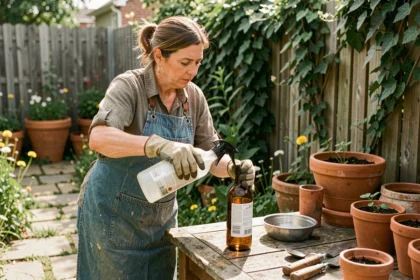 Femme versant du vinaigre blanc dans un spray pour désherber naturellement dans son jardin