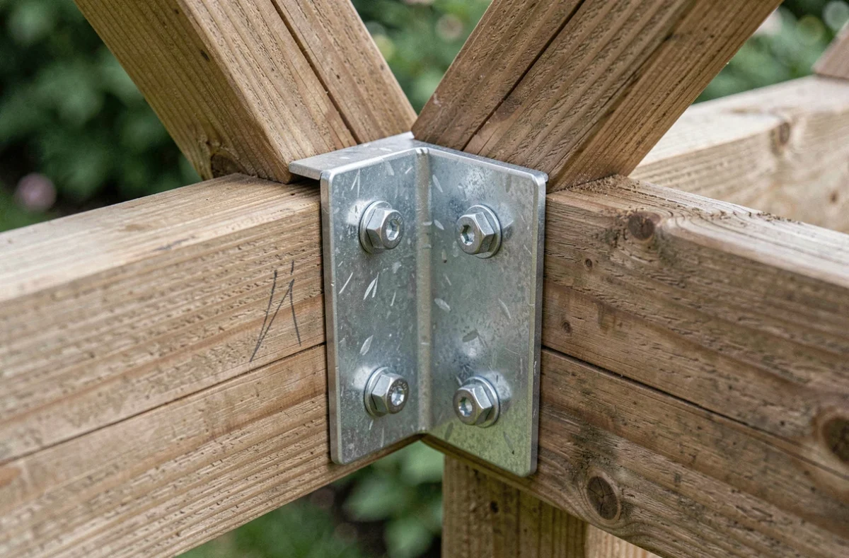 Détail de l'assemblage métallique d'une pergola en bois avec vis et équerres en gros plan