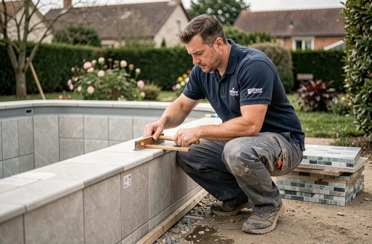 Technicien de Diffazur Piscines inspectant le carrelage d'une piscine en construction dans un jardin résidentiel