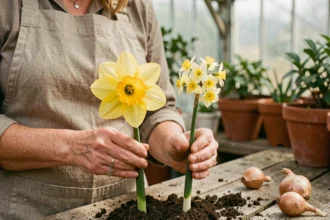 Comparaison côte à côte d'une jonquille à grande trompette et d'un narcisse en bouquet tenus par une jardinière, sur un établi en bois avec bulbes et terre