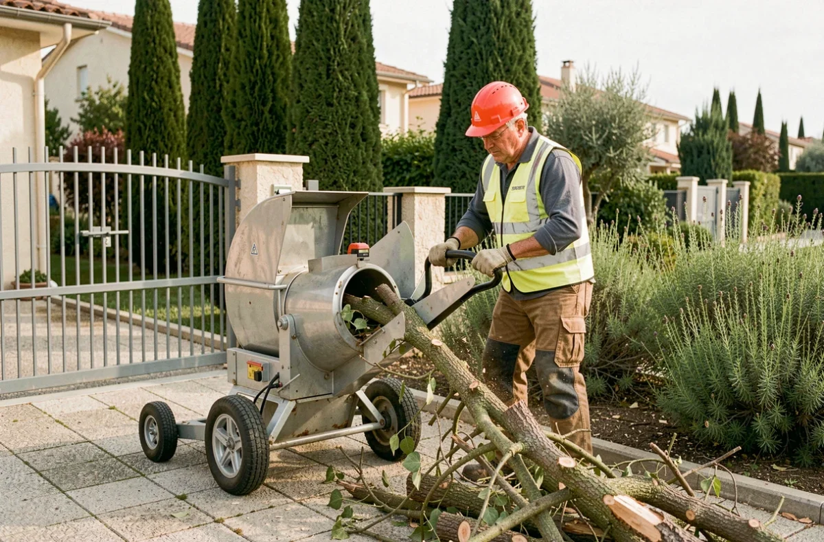 Élagueur utilisant un broyeur de branches lors d'un chantier d'élagage dans une allée résidentielle