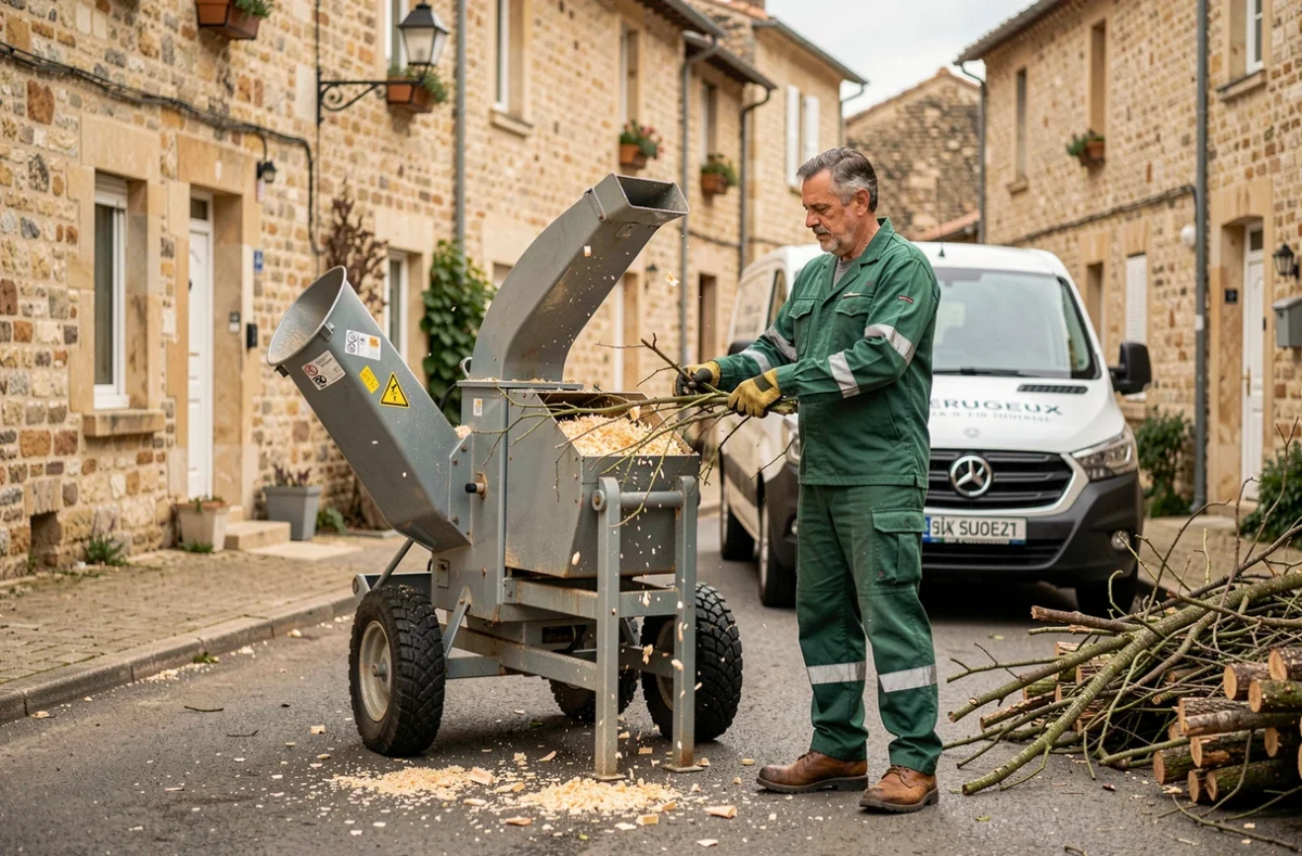 Élagueur alimentant un broyeur de branches sur une rue résidentielle de Périgueux après une opération d'élagage