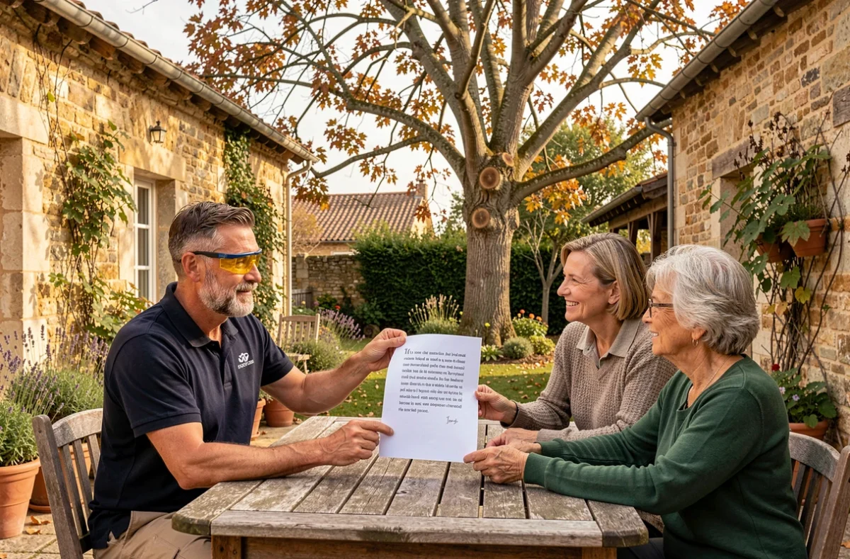 Élagueur présentant un devis à des propriétaires devant leur maison en pierre en Dordogne