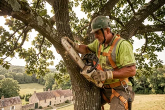 Élagueur professionnel en sécurité dans un chêne en Dordogne, portant harnais et casque lors d'une taille d'arbre