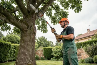 Élagueur professionnel taillant un grand chêne dans un jardin résidentiel de la banlieue de Toulouse