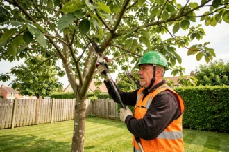 Élagueur professionnel taillant les branches d'un grand arbre dans un jardin suburban bien entretenu