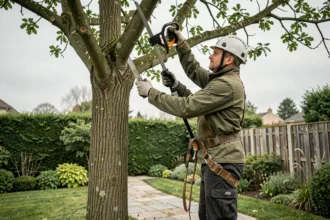 Élagueur professionnel en hauteur taillant un grand chêne dans un jardin résidentiel