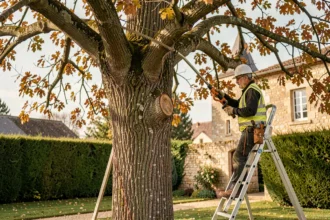 Élagueur professionnel en tenue de sécurité taillant un grand chêne dans un jardin résidentiel à Périgueux