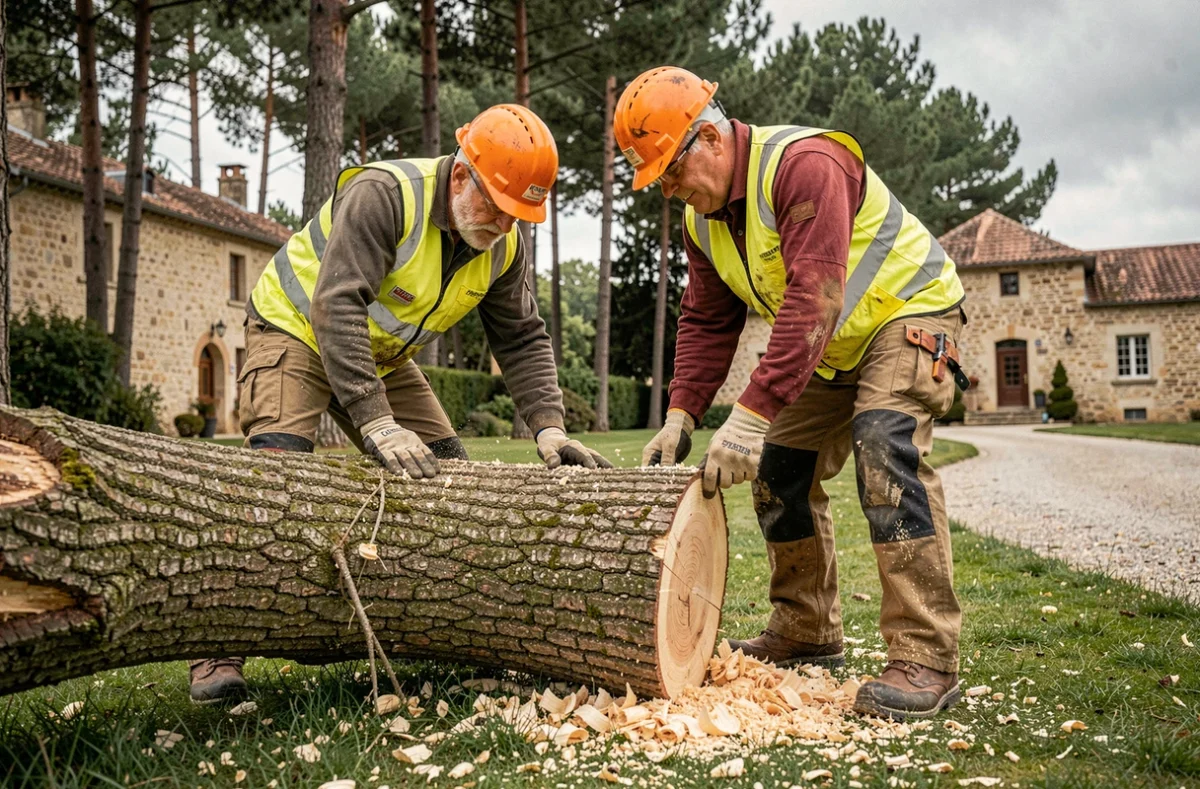 Deux élagueurs découpant un tronc d'arbre abattu dans une propriété rurale française