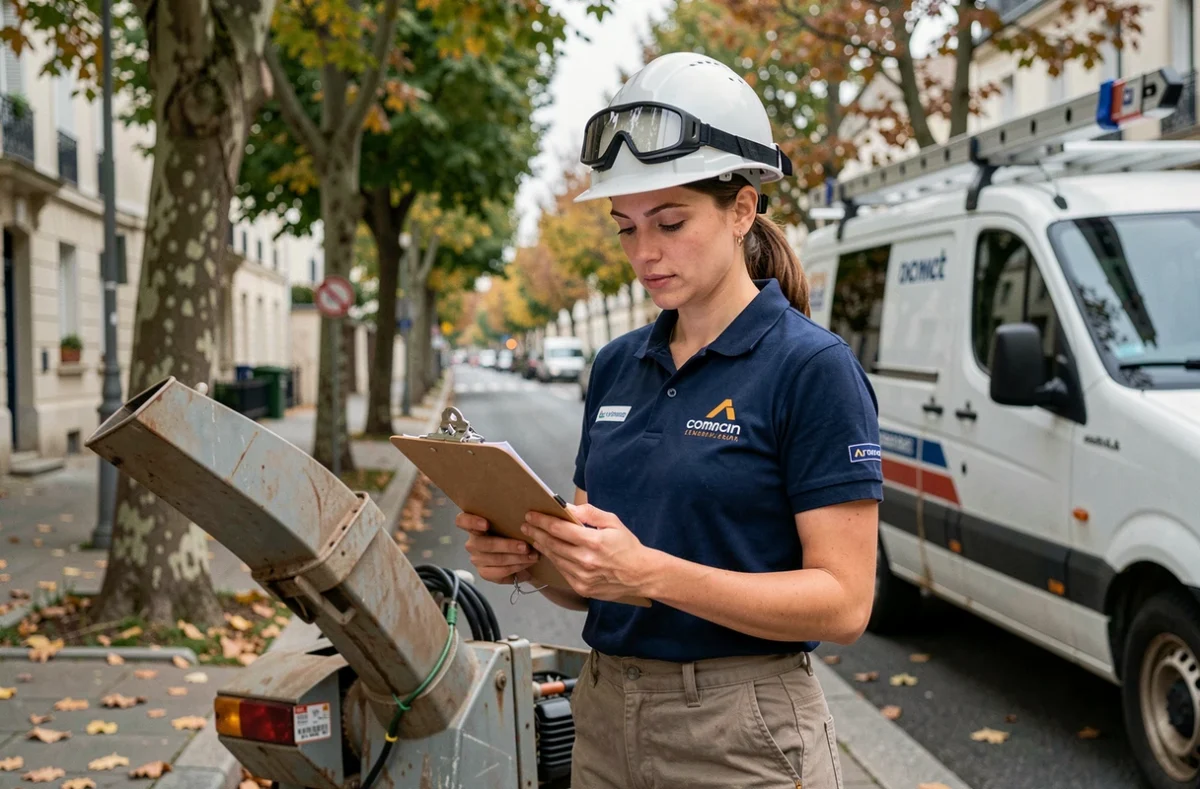 Élagueuse professionnelle supervisant un chantier d'élagage en milieu urbain