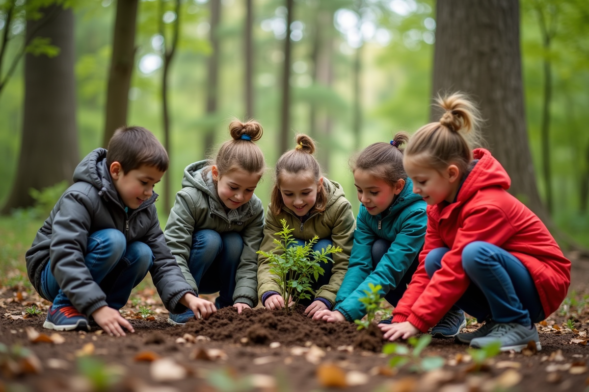 Enfants plantant des jeunes arbres en forêt