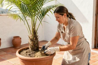 Femme appliquant de l'engrais granulaire au pied d'un palmier areca en pot sur une terrasse méditerranéenne