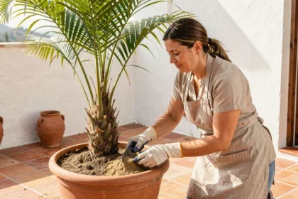 Femme appliquant de l'engrais granulaire au pied d'un palmier areca en pot sur une terrasse méditerranéenne