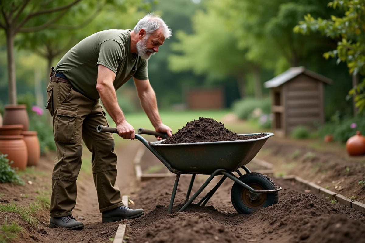 Jardinier épandant du compost naturel pour enrichir une terre appauvrie dans un potager