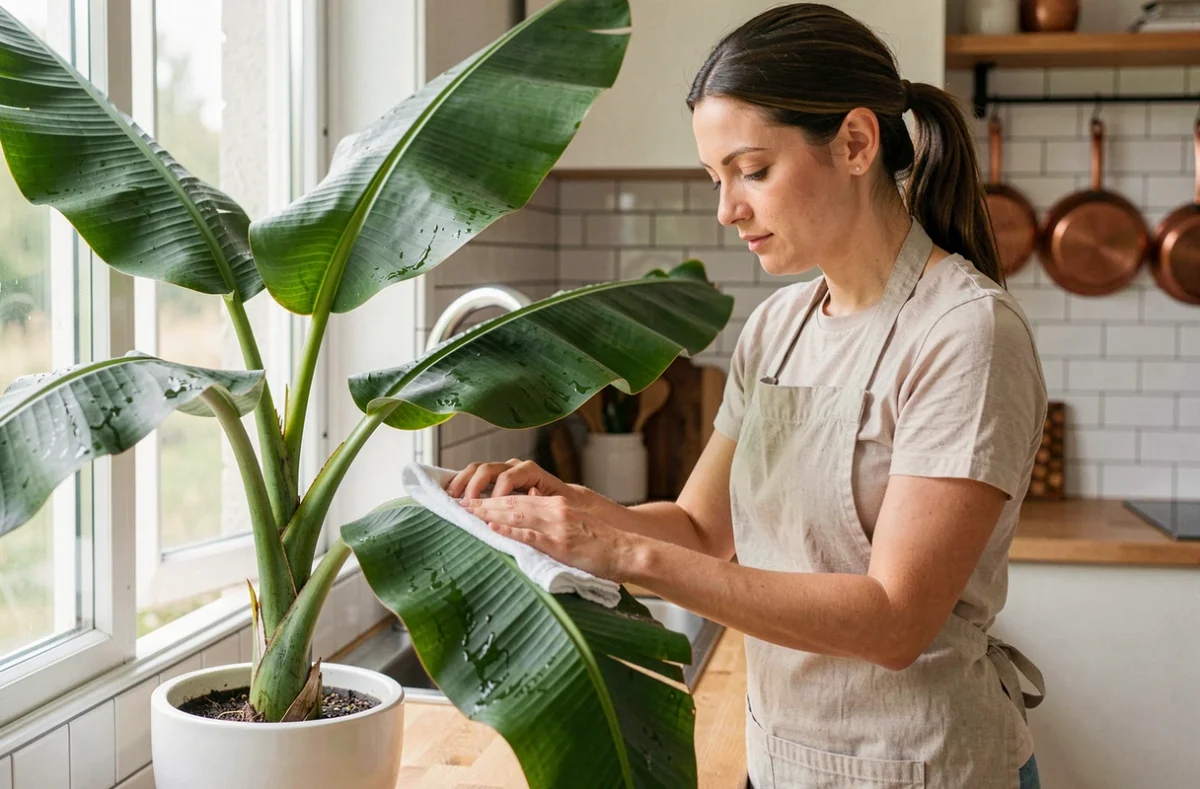 Femme essuyant les feuilles d'un bananier en pot dans une cuisine moderne avec crédence en carrelage et plan de travail en bois