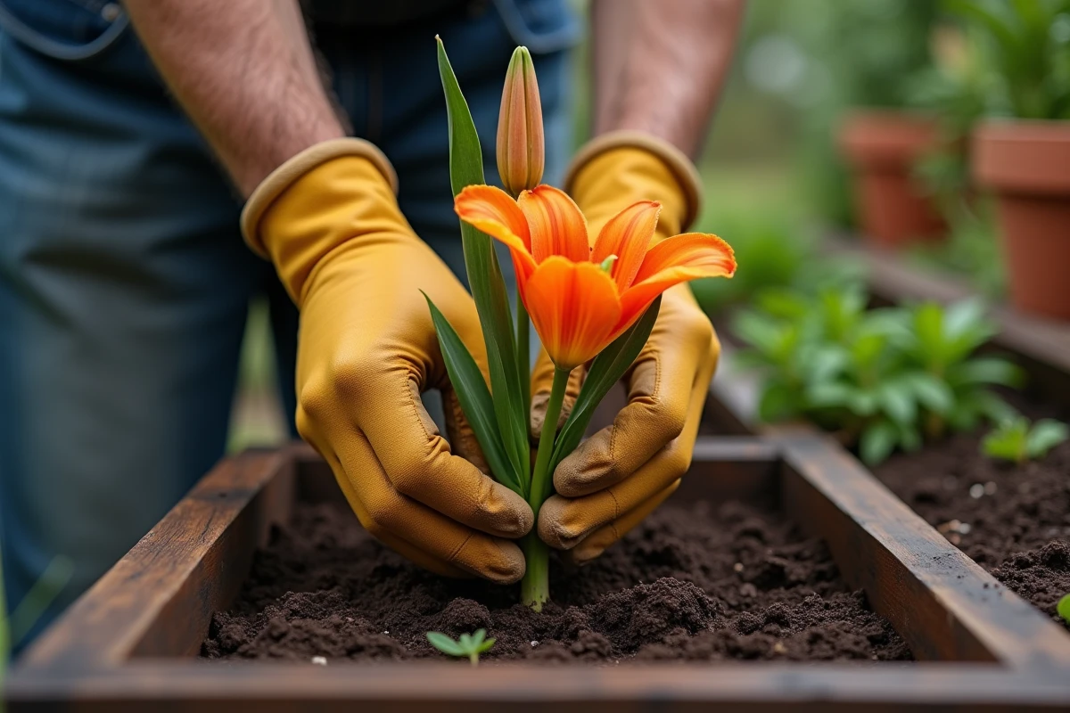 Mains gantées coupant la tige d'un lys orange près du bulbe dans un parterre surélevé
