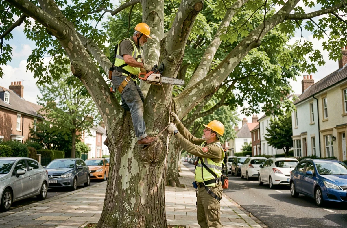 Deux élagueurs en équipe retirant une grosse branche d'un platane en milieu urbain