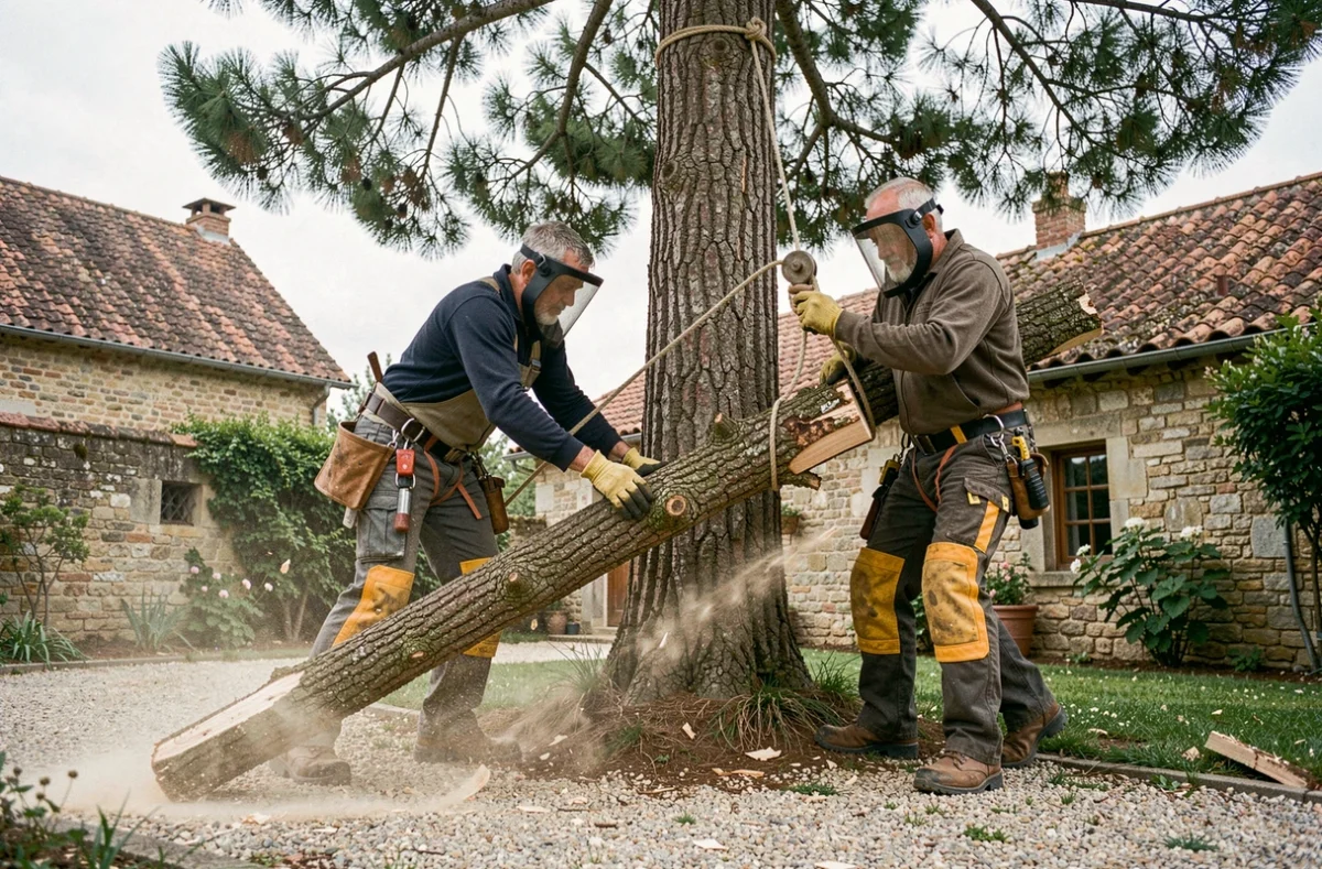 Équipe d'élagueurs travaillant en binôme pour descendre une branche de pin dans un jardin en Dordogne