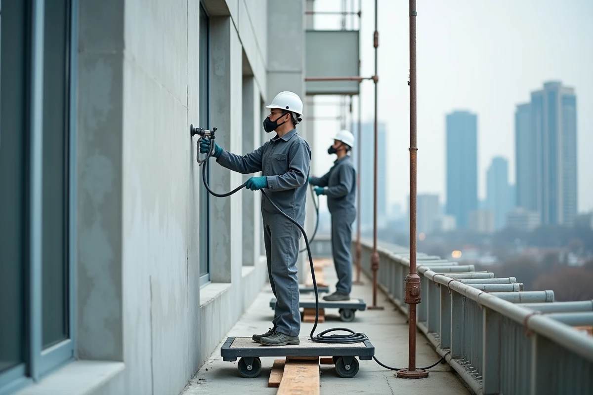 Deux peintres professionnels appliquant de la peinture airless sur la façade extérieure d'un grand bâtiment commercial avec échafaudage
