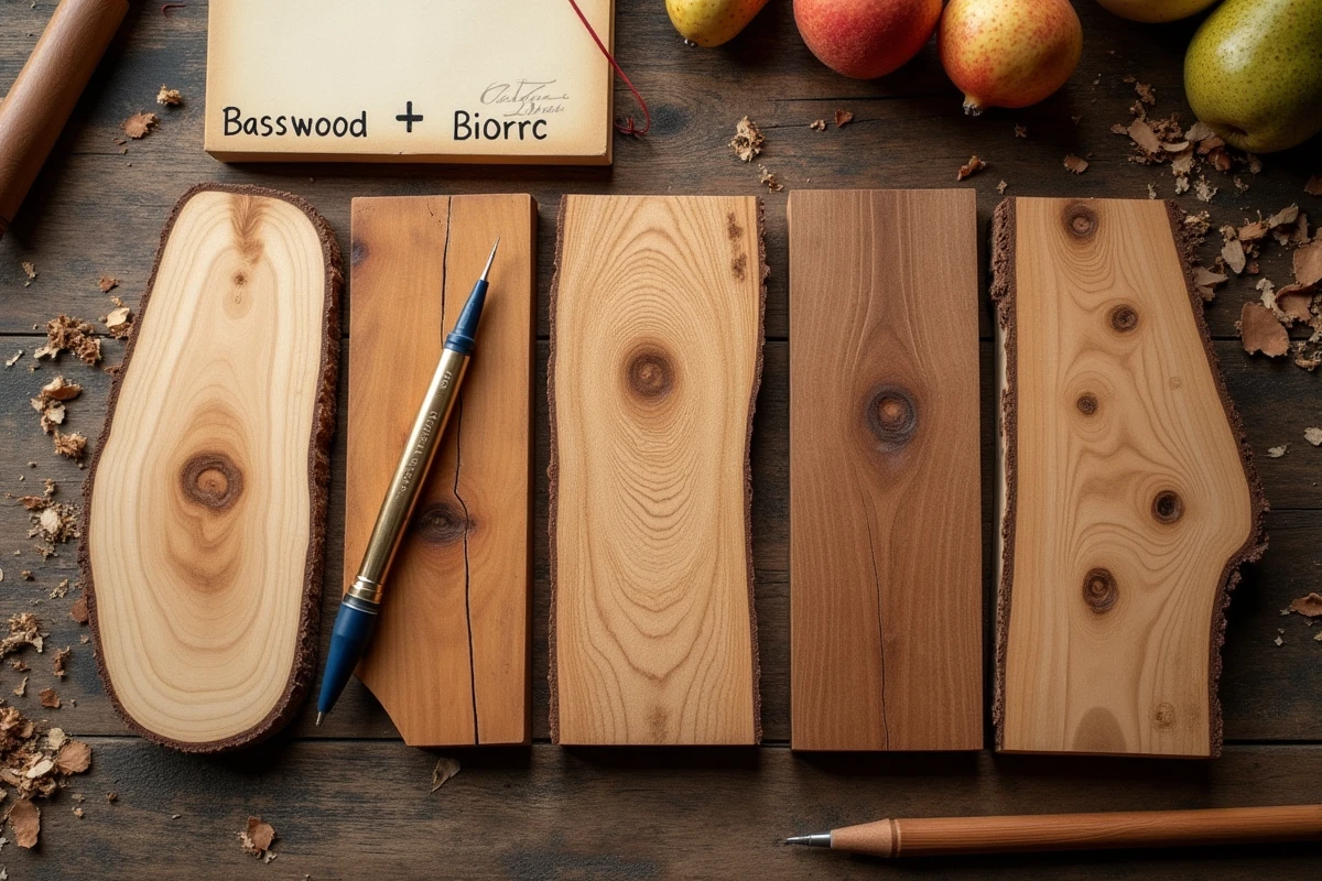 Comparaison de différentes essences de bois pour la pyrogravure avec des motifs gravés sur chaque planche