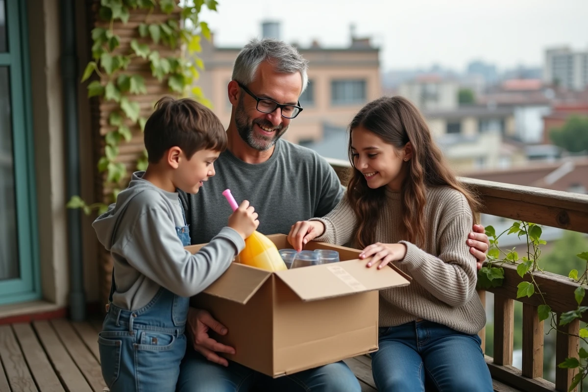 Famille découvrant des produits durables sur un balcon