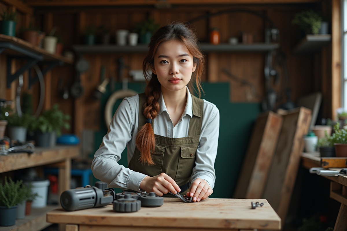 Jeune femme affutant des lames de tondeuse robot dans un atelier