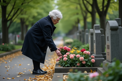 Femme âgée déposant des fleurs sur une tombe dans un cimetière paisible