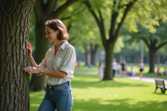 Femme touchant l'écorce d'un chêne dans un parc urbain