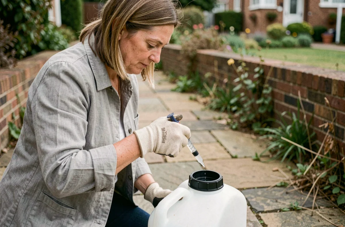 Femme dosant précisément du glyphosate dans un pulvérisateur de 5 litres dans un jardin résidentiel