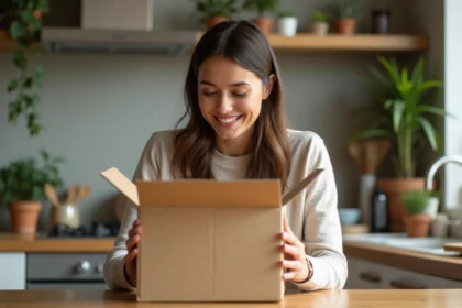 Jeune femme ouvrant une box écologique à la maison