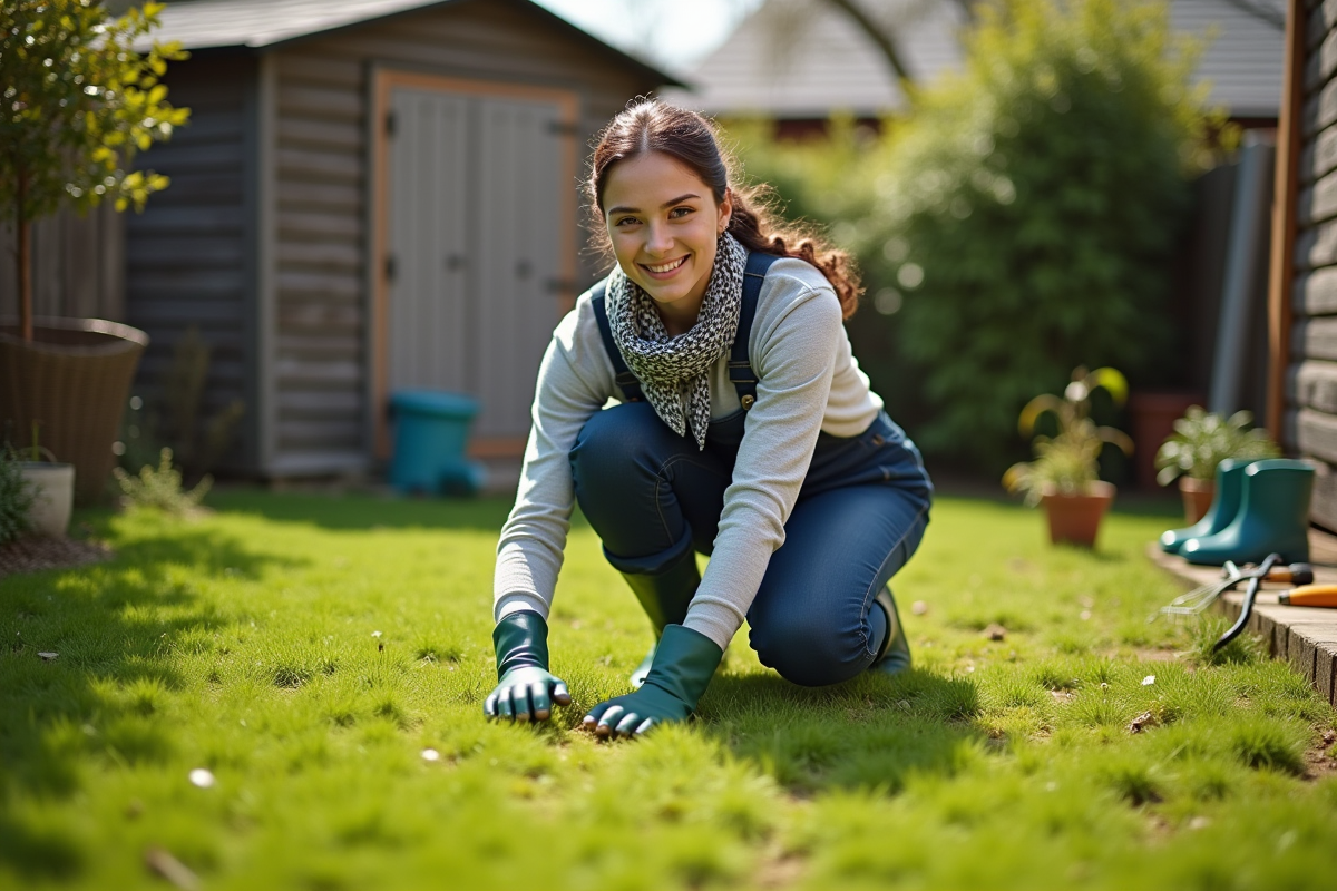Jeune femme arrachant la mousse dans son jardin