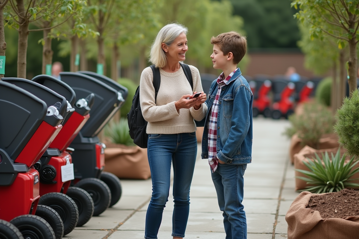 Femme expliquant le broyeur de jardin à son adolescent dans un centre
