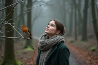 Jeune femme contemplant un robin dans la forêt enneigée