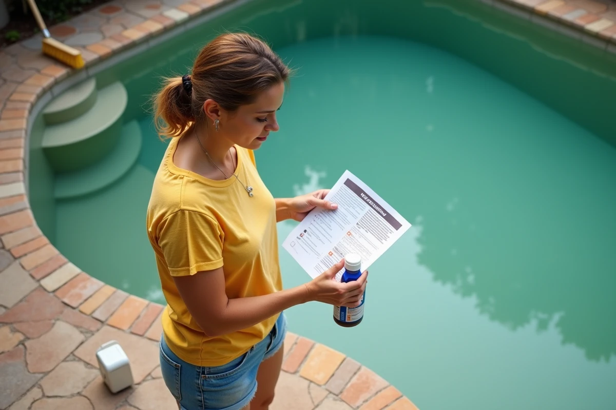 Femme consultant un guide de traitement chlore choc au bord d'une piscine enterrée à eau verte